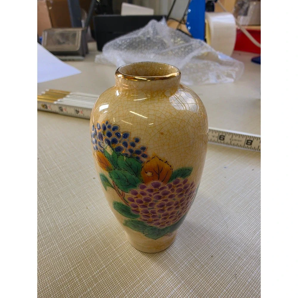 Vintage Homco Bud Vase Made in Japan Crackle Glaze Floral Grape Motif Gold Trim